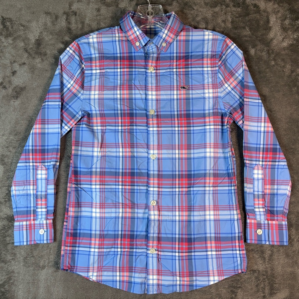 Vineyard Vines Boy's Red Blue White Plaid Long-Sleeve Button-up Shirt Size Small